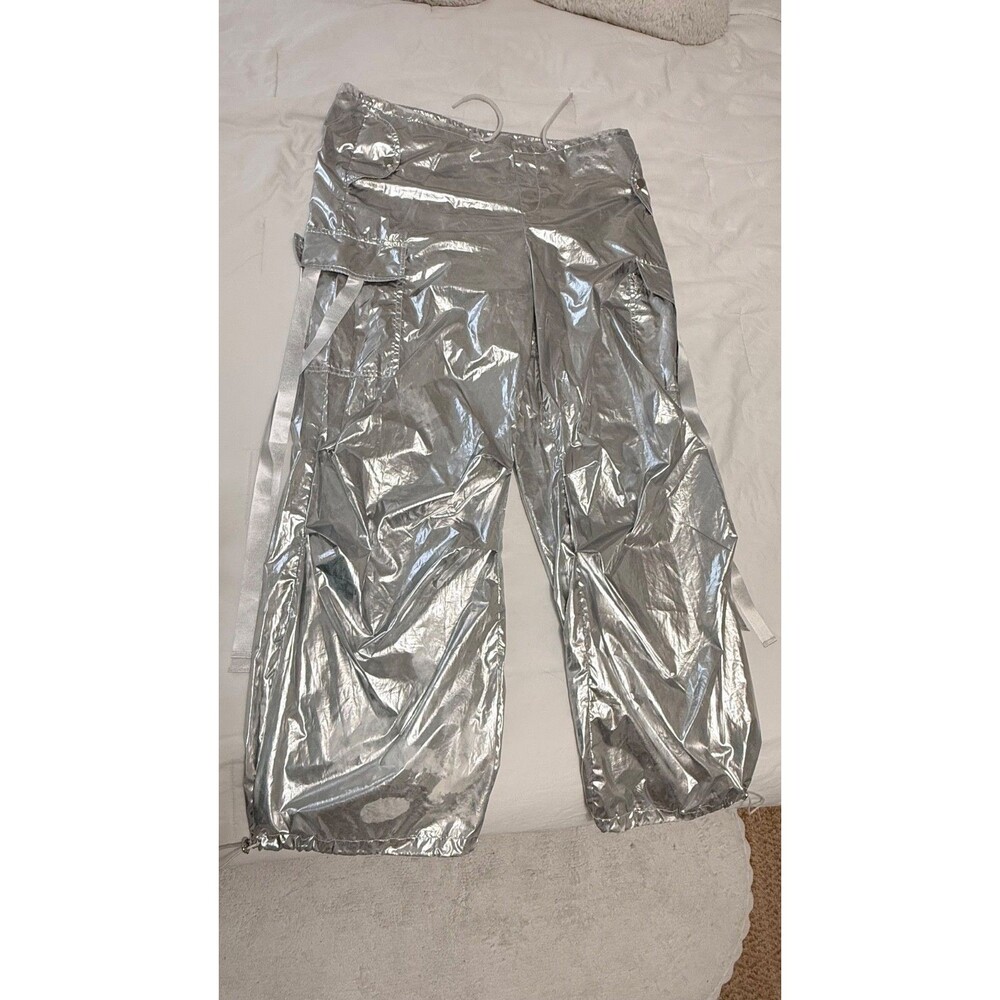 Silver Metallic Cargo Pants Women's Large Shiny Parachute Y2K Festival Rave Stre